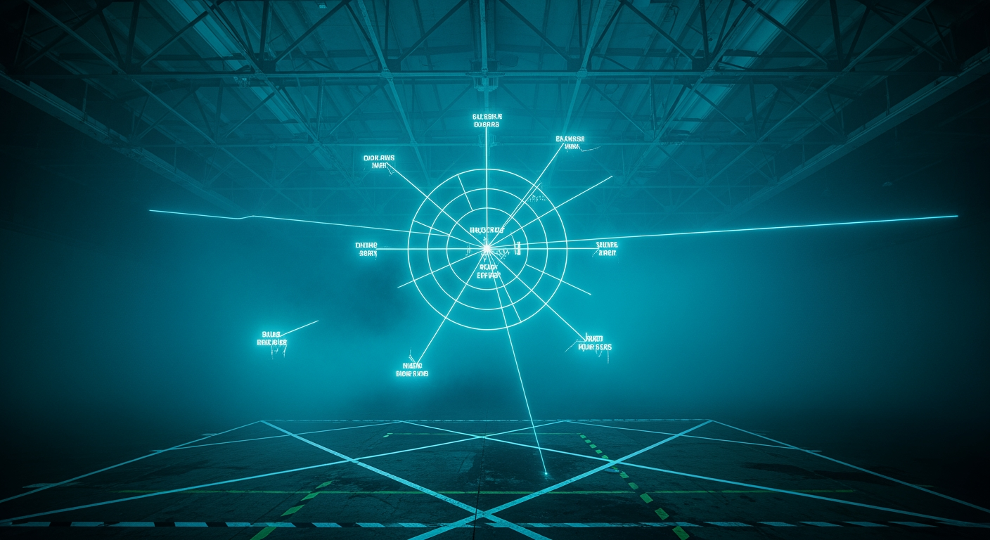 Warehouse ceiling with truss grid; cyan laser radar chart floating in haze, like a calibration hologram.