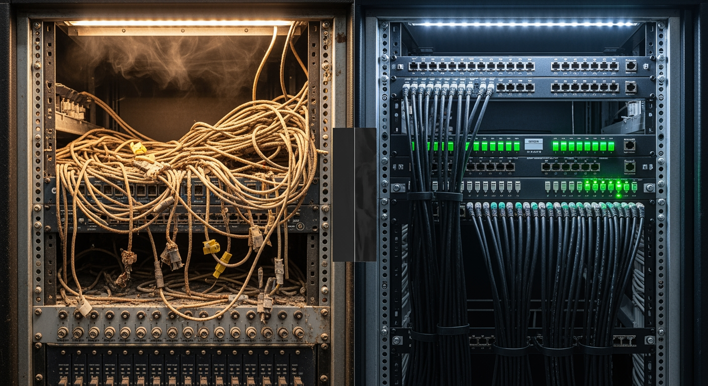 Split frame: left side shows corroded wiring spaghetti and flickering dimmer rack; right side shows clean loomed cable runs, labeled patch panel, and solid green status LEDs.