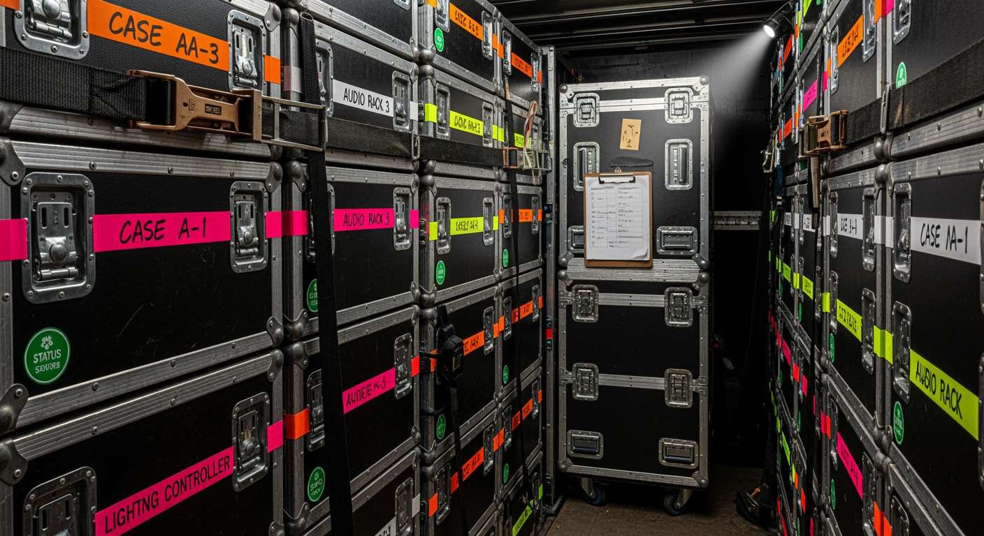 Inside a packed truck with flight cases stacked precisely, labels and a headlamp beam cutting through the darkness.