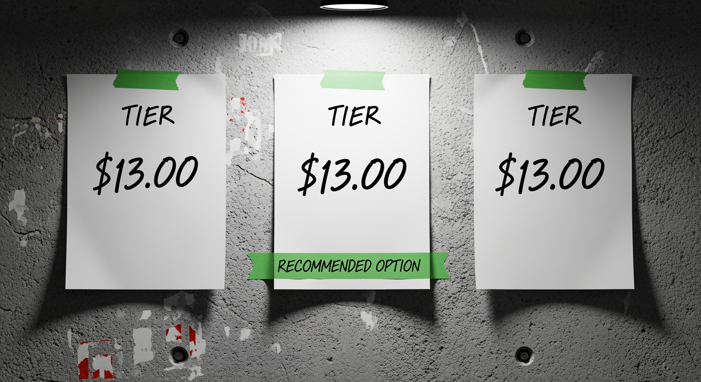 Concrete wall with three handwritten pricing sheets taped up; green gaffer tape marks the middle sheet.